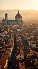 Golden hour view of a historic European city with a prominent cathedral dome.