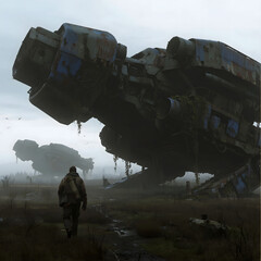 a lone scavenger walking through a misty field, discovering a derelict, colossal war machine from a forgotten war,