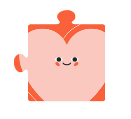 Puzzle element character with happy smiling face. Cute heart, valentine emoji in jigsaw piece. Love, affection emotion, fondness expression. Flat vector illustration isolated on white background