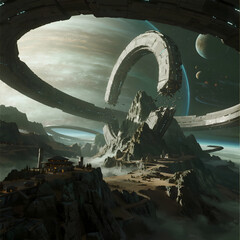 a massive fragment of a shattered ringworld structure that has crashed into a planet,