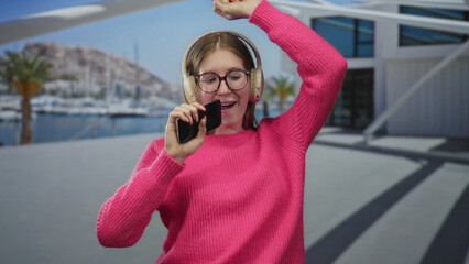 Fototapeta premium Woman wearing pink sweater headphones and glasses holds phone to mouth and raises hand at building; fun.