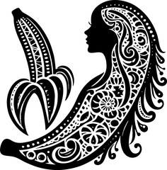 Banana Solid Black Color Vector Silhouette in Traditional Mexican Folk Art Style