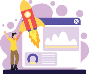 Startup rocket launch with business success illustration