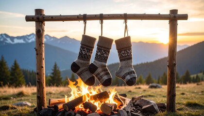 Stockings Hanging by Campfire in Mountain Landscape at Sunset