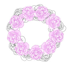 Hand drawn roses head Circle wreath for packaging, social media post, cover, banner, creative post and wall arts. Isolated rose bud sketches in black and pink color. Vector illustration for design on