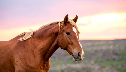 Obraz premium Chestnut Horse at Sunset, Peaceful Landscape
