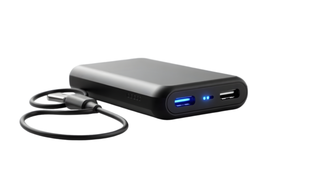 A close up of a black power bank with a usb cable and blue led lights on a black background