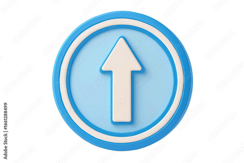 Poster blue circular button with white arrow pointing upwards isolated on transparent background