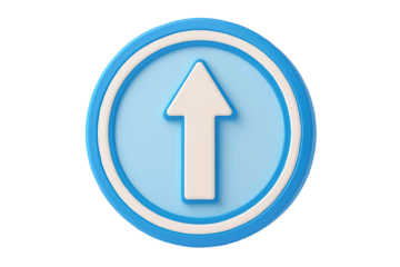 Blue circular button with white arrow pointing upwards isolated on transparent background
