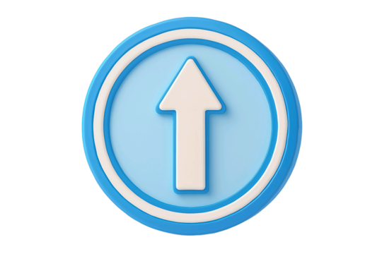 Blue circular button with white arrow pointing upwards isolated on transparent background
