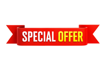 Red ribbon banner with special offer text isolated on transparent background