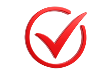 Bright red check mark symbol inside a circle isolated on transparent background