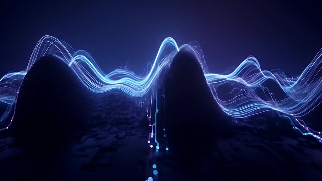 Abstract Blue Light Waves and Data Streams Flowing Through Digital Landscape. - Powered by Adobe