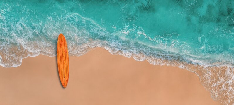The vibrant surfboard resting on a serene beach with turquoise waters - Powered by Adobe
