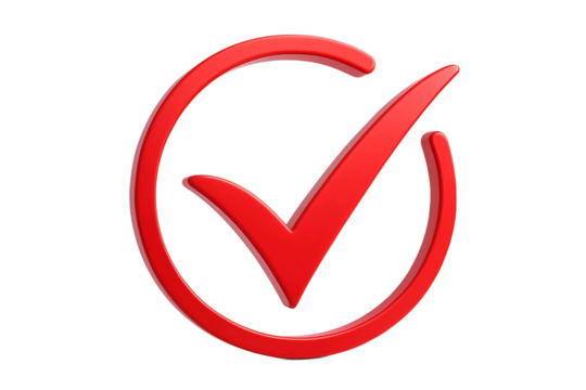 Bright red check mark symbol inside a circle isolated on transparent background