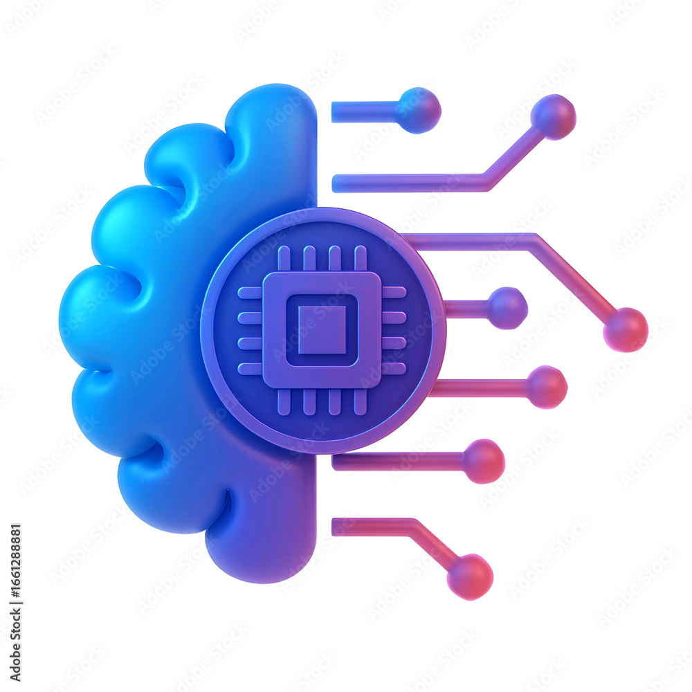 Poster abstract digital brain with integrated circuit and glowing connections isolated on transparent backg