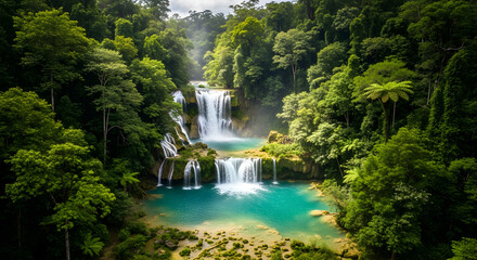 Aerial Landscape of Stunning Waterfall Cascading Over Rocks into Turquoise Pool, Surrounded by Lush Greenery and Natures Serenity