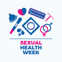 Sexual Health Week poster vector illustration. Male and female contraception methods pink and blue icon set. Condom, pills, IUD birth control, pregnancy test symbol. Template for background, banner