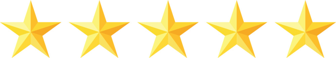 Five Star Rating Golden Review Icon. Star icon. 5 Star rating. Realistic gold star set modern vector. Feedback concept
