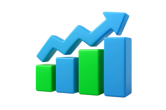 3d blue and green bar chart with upward trending arrow isolated on transparent background