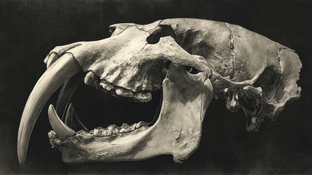 Fossil saber-tooth tiger skull, monochrome, with pronounced canines, side view
