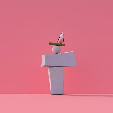 Budgerigar balancing on bamboo and geometric stone sculpture 3d rendering