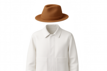 Invisible person wearing crisp white shirt, brown hat hovering weightlessly, suggesting unseen presence with surreal, enigmatic quality
