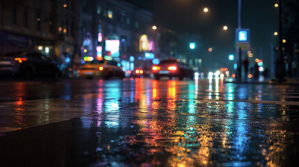 Obraz premium Wet City Street with Colorful Neon Reflections at Night