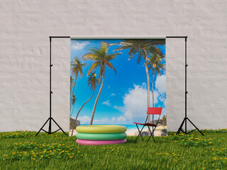 3d rendering of symbolic vacation scene in garden with tropical backdrop