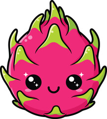 A cute cartoon illustration of a dragon fruit with a smiling face and sparkling eyes. This whimsical design is perfect for children's items, food-themed art, and playful decorations.