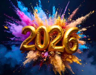 Złoty, trójwymiarowy napis 2026. W tle rozprysk kolorowej farby. Tło sylwestrowe