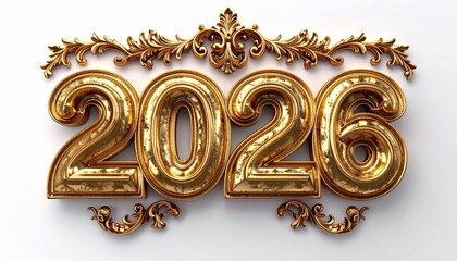 Fototapeta na wymiar Tło sylwestrowe ze złotym, ozdobnym napisem 2026 na białym tle. Styl art deco.