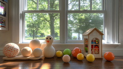 Colorful toy balls and house by sunny window