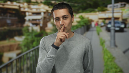 Young hispanic man finger to lips for silence on bustling street lined with parked cars and urban...