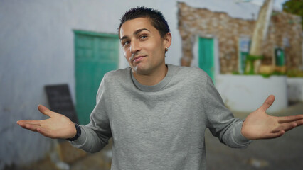 Young hispanic man shrugs with bare hands on sunlit street in rustic old town village; uncertainty...