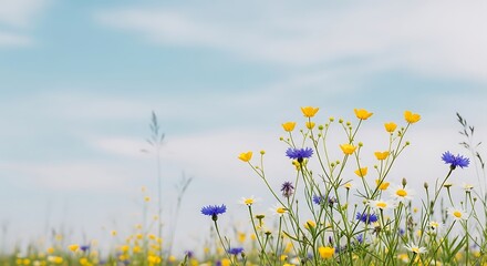 Fototapeta premium Vibrant wildflowers bloom under a soft blue sky, celebrating nature's beauty and summer's arrival