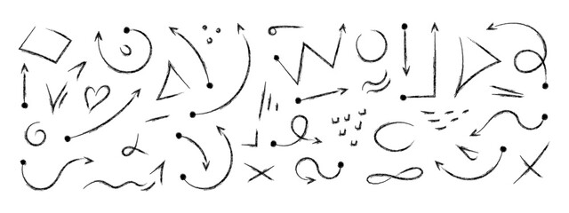 Squiggly arrow, chalk doodle set of various arrow shapes, lines, symbols and scribble icons. Hand drawn crayon black vector line fun playful bounce elements, jump thick motion design, movement symbol