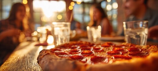 Fototapeta premium The delicious pepperoni pizza being enjoyed in a cozy dining atmosphere.