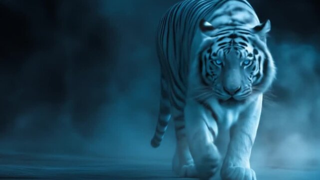 Striking white tiger with piercing blue eyes approaches through a smoky, blue-lit space