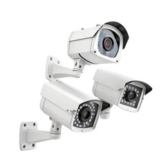 Three White Security Cameras Grouped Together on Transparent Background