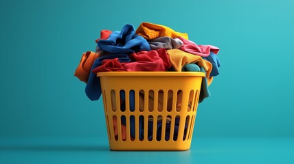 Fototapeta premium Colorful laundry pile in a yellow basket against a bright teal background
