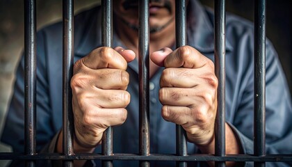 Man in prison hands of behind hold Steel cage jail bars. offender criminal locked in jail.