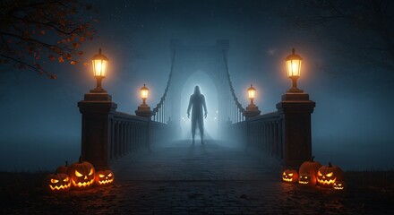 A long, ancient stone bridge covered in fog, dim lanterns. At the center of the bridge, a ghostly figure slowly emerges from the mist
