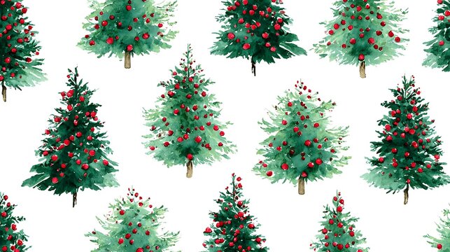 Whimsical watercolor christmas trees with red berries adorn a festive seamless pattern background
