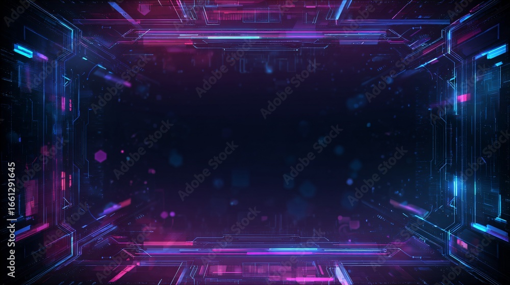 Poster a vibrant, futuristic digital graphic displays glowing circuits and lines in a dark space, creating 