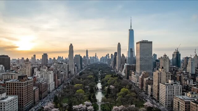 Timelapse Rooftop View of Manhattan With Central Park in Spring as Cherry Blossoms Bloom and Sunset