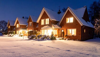 Illuminated snowy homes at night