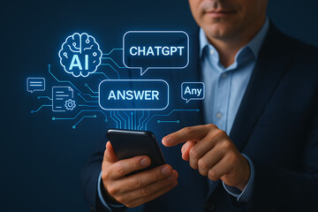 Man using smartphone with AI chatbot interface on screen