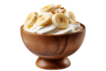 Banana pudding dessert with whipped cream in wooden bowl, isolated on white transparent background, concept of Papua New Guinea sweet treat