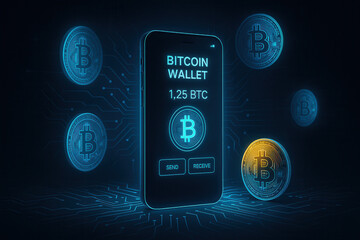 Virtual crypto wallet mockup displaying bitcoin transactions digital environment graphic design
